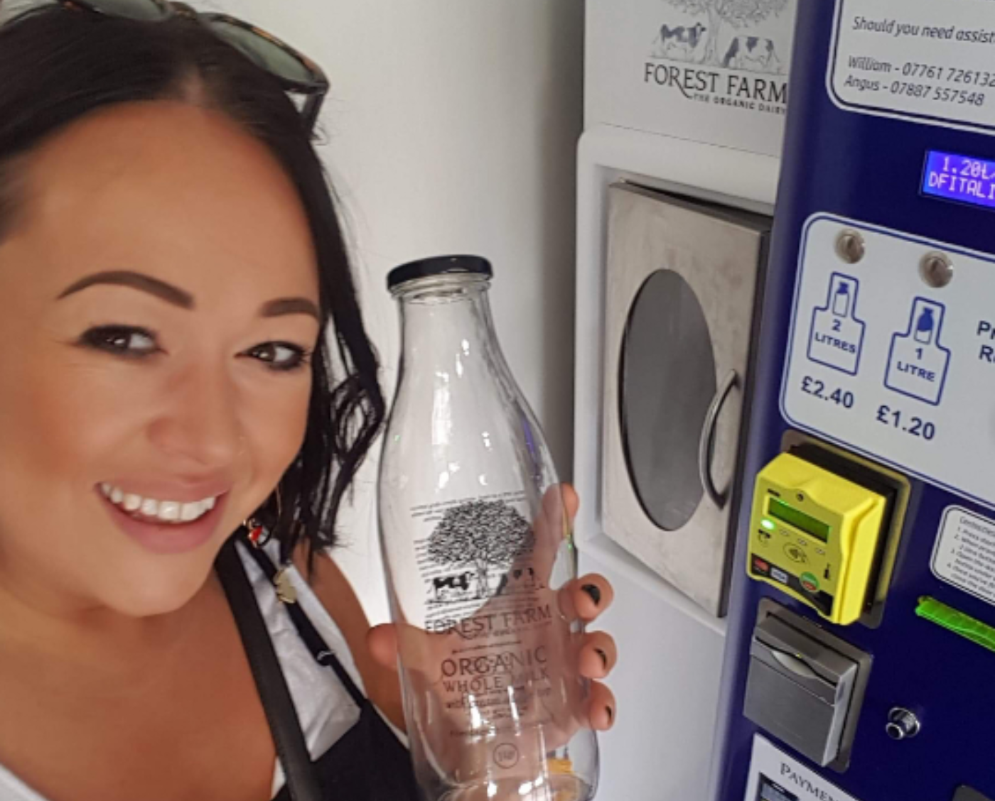 The milk vending machine at Forest Farm Organic Dairy — fresh organic whole milk, coin-operated, in the farmyard at Kinellar