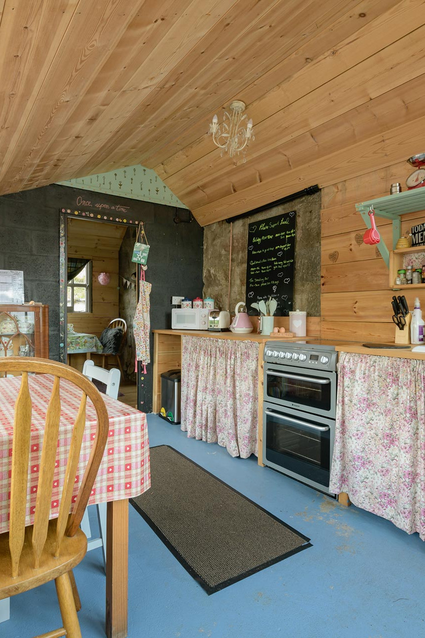 Kitchen and dining area inside the cabin